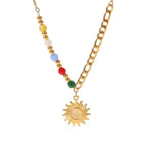 New Stainless Steel 18K Gold Half Color Bead Chain Half Figaro Natural Opal Stone Sun Pendant Necklace