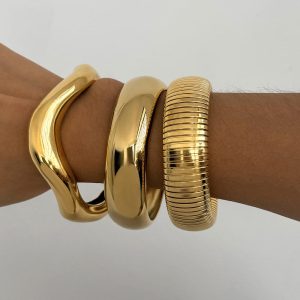 Aretas Women Chunky Jewelry Luxury Bangle Waterproof Stainless Steel Smooth High Polish 18k Gold Plated Exaggerated Bangles