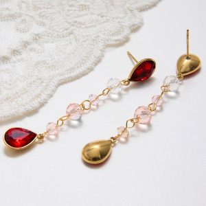 Vintage Style Glass Bead Tassel Earring 18K Gold Plated Stainless Steel Teardrop Red Glass Bead Tassel Earrings