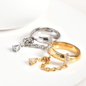 Premium Feeling Zircon Chain Ring Water Drop Pendant Design 18K Gold Plated Waterproof Stainless Steel Ring for Women
