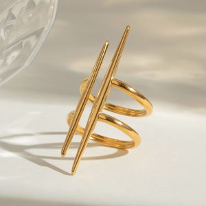 Luxury Stainless Steel 18K Gold Plated Ring Women Jewelry Parallel Double-layer Line Hollow Vintage Open Ring