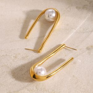 18k Gold Stainless Steel Jewelry Imitation Shell Pearl U-Shaped Earrings