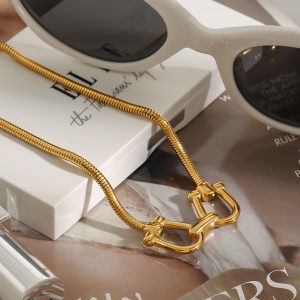 18K PVD Gold Plated Waterproof Snake Chain Two Horse's Hoof U Shape Fashion Necklace for Women