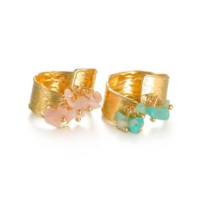 Factory OEM New Design 18K Gold Sliver Plated Stainless Steel Natural Stone With Bead Open Women Rings for Wedding