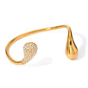Aretas Bold Chunky Women's Bangle 18K Gold Plated 316L Stainless Steel Zircon Water Drop Cuff Chic Trendy Jewelry Gifts