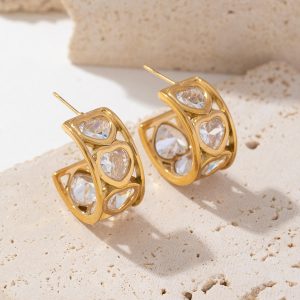 OEM factory 316l Stainless Steel Custom Cz Diamond Crystal Jewel Huggie Hoop Heart Earings