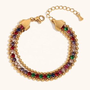 OEM Three Layer Colorful Crystal Rhinestone Bracelet Waterproof Gold Plated Bead Bracelets