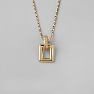 Gold Plated Copper Long Chain Link Slip Geometric Hollow Square Pendant Necklace