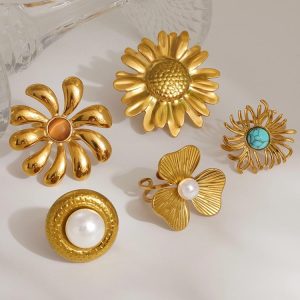 Factory custom French Vintage Style 18K PVD Gold Plated Hyperbole Big Flower Pearl Trendy Stainless Steel Open Ring Set