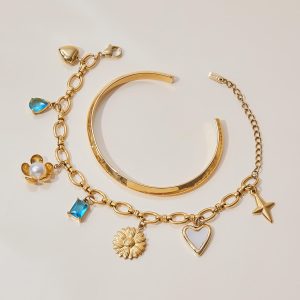 Women's Gold Stainless Steel Bracelet Imitation Pearl Heart Blue Stone Flower Charms Bracelet