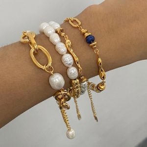 joychicco Dainty Vintage Stainless Steel 18k Gold Plated Bracelets Freshwater Irregular Pearl Bracelets Set