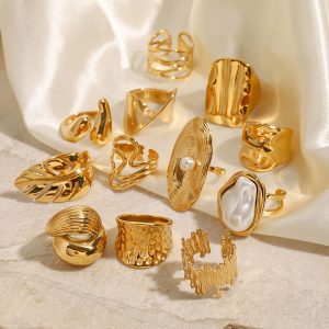 Chunky Luxury Stainless Steel 18K Gold Plated Big Baroque Pearl Textured Irregular Rings