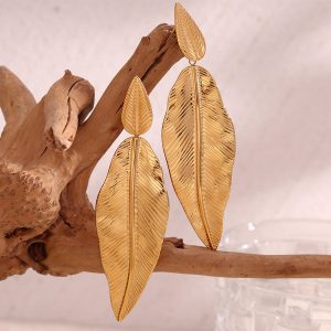 New Arrival Bohemian 18K Gold Plated Stainless Steel Jewelry Big Leaf Pendant Drop Earrings