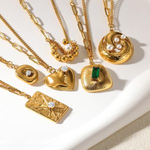 Retro Style Jewelry 18K Gold Plated Geometric Texture Zircon Pearl Pendant Stainless Steel Necklace Set